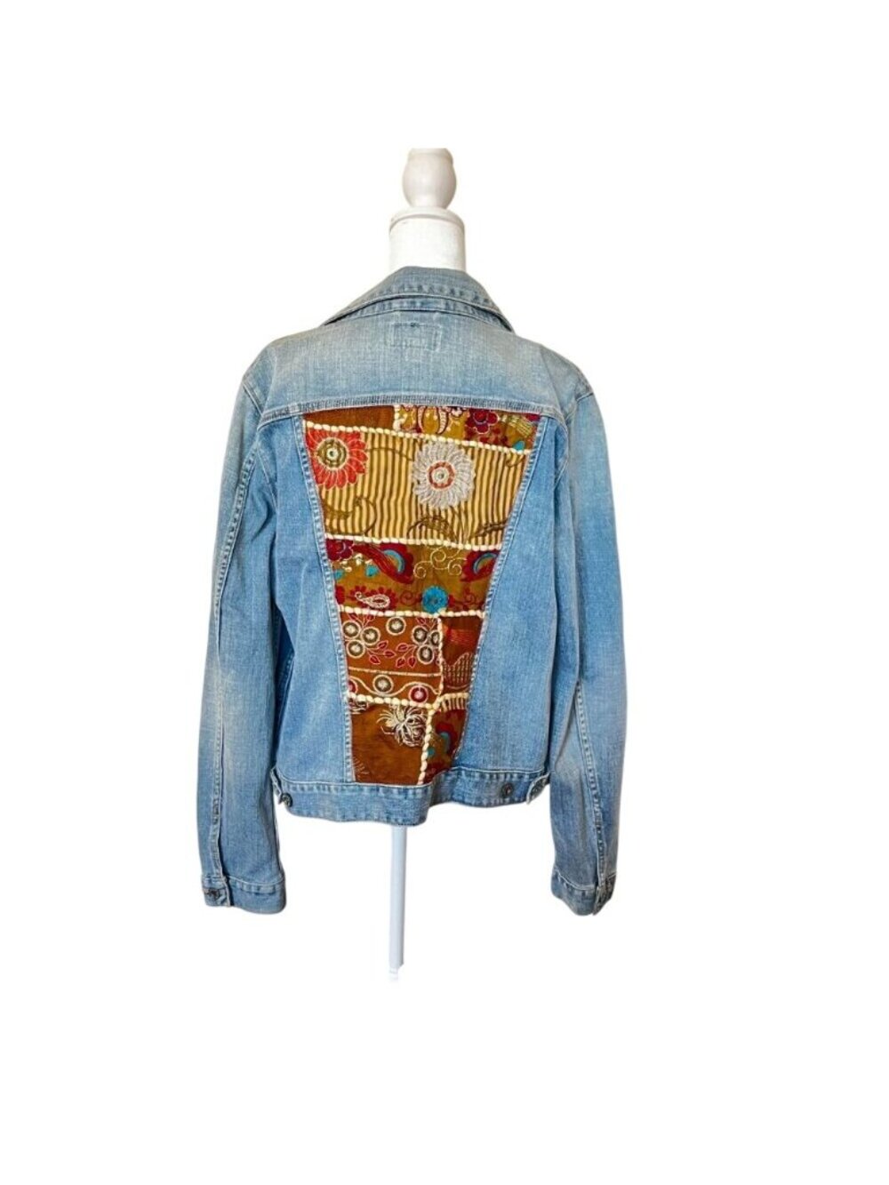 Boho Country Patchwork Denim Jacket Women Sz L Concert Trucker Western Rare - Picture 2 of 12